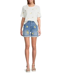 Driftwood Stretch Denim Embroidered High Rise Cuffed Shorts