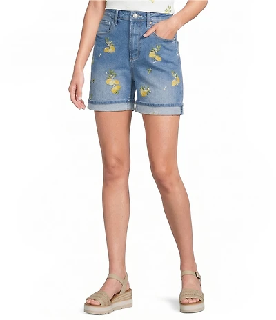 Driftwood Stretch Denim Embroidered High Rise Cuffed Shorts
