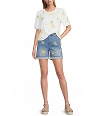 Driftwood Stretch Denim Embroidered High Rise Cuffed Shorts