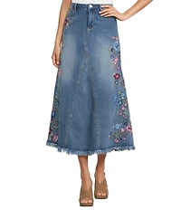 Driftwood Stretch Denim Floral And Birds Embroidered Maxi A-Line Skirt