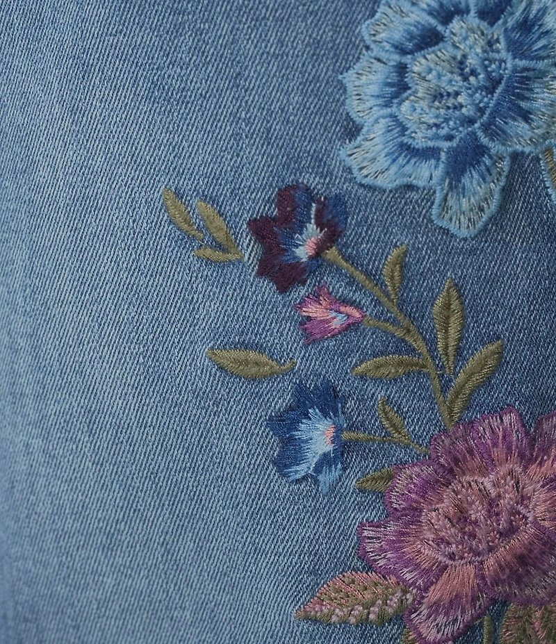 Driftwood Stretch Denim Floral And Birds Embroidered Maxi A-Line Skirt