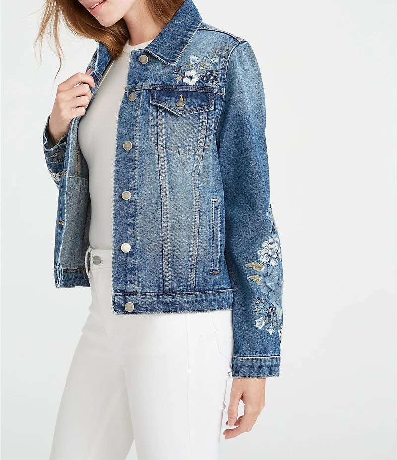 Driftwood X Bluebell Fleur Embroidered Point Collar Long Sleeve Denim Statement Jacket