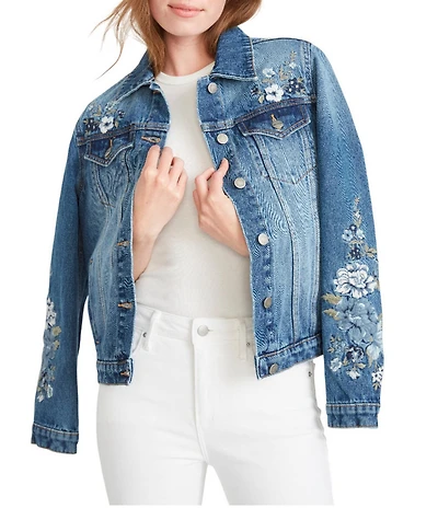 Driftwood X Bluebell Fleur Embroidered Point Collar Long Sleeve Denim Statement Jacket