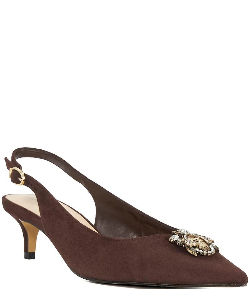 Dune London Context Suede Jewel Bug Ornament Slingback Kitten Heel Pumps