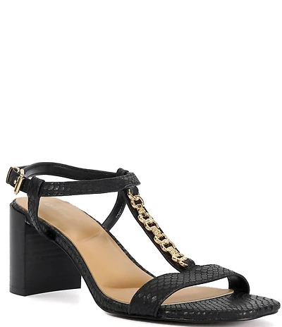 Dune London Josina Snake Embossed Leather Chain Hardware Block Heel Sandals