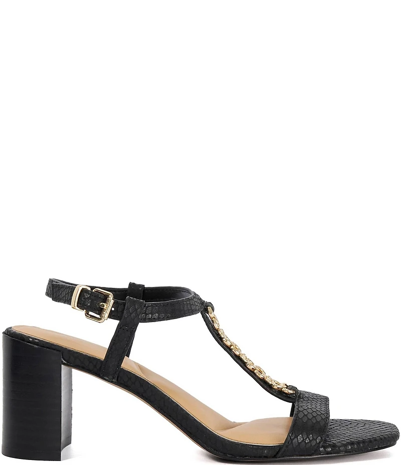 Dune London Josina Snake Embossed Leather Chain Hardware Block Heel Sandals