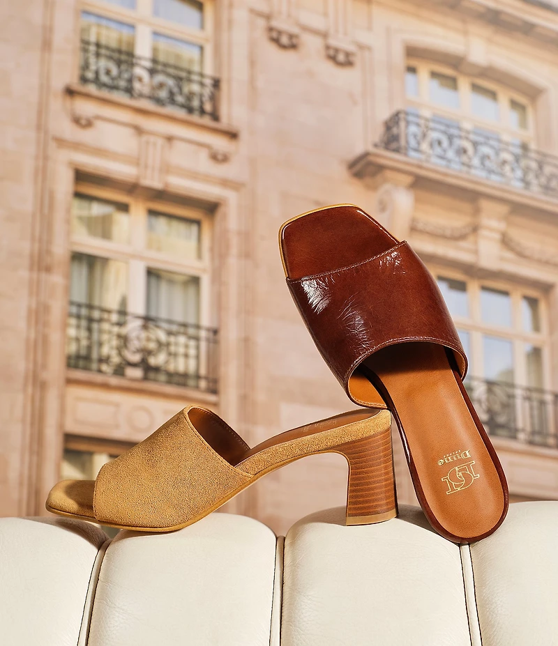 Dune London Jule Patent Leather Stacked Heel Banded Slide Sandals