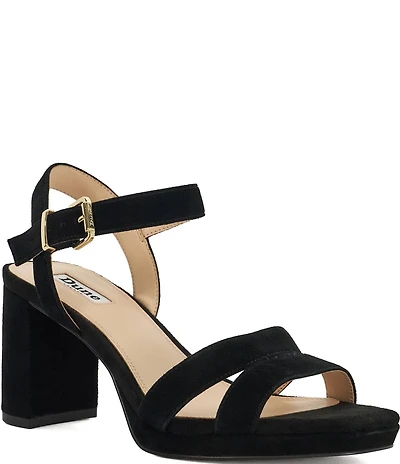 Dune London Manifesting Suede Ankle Strap Block Heel Dress Sandals