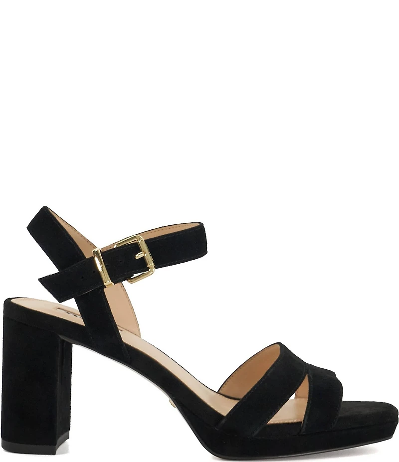 Dune London Manifesting Suede Ankle Strap Block Heel Dress Sandals