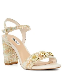 Dune London Mention Floral Embellished Ankle Strap Block Heel Sandals