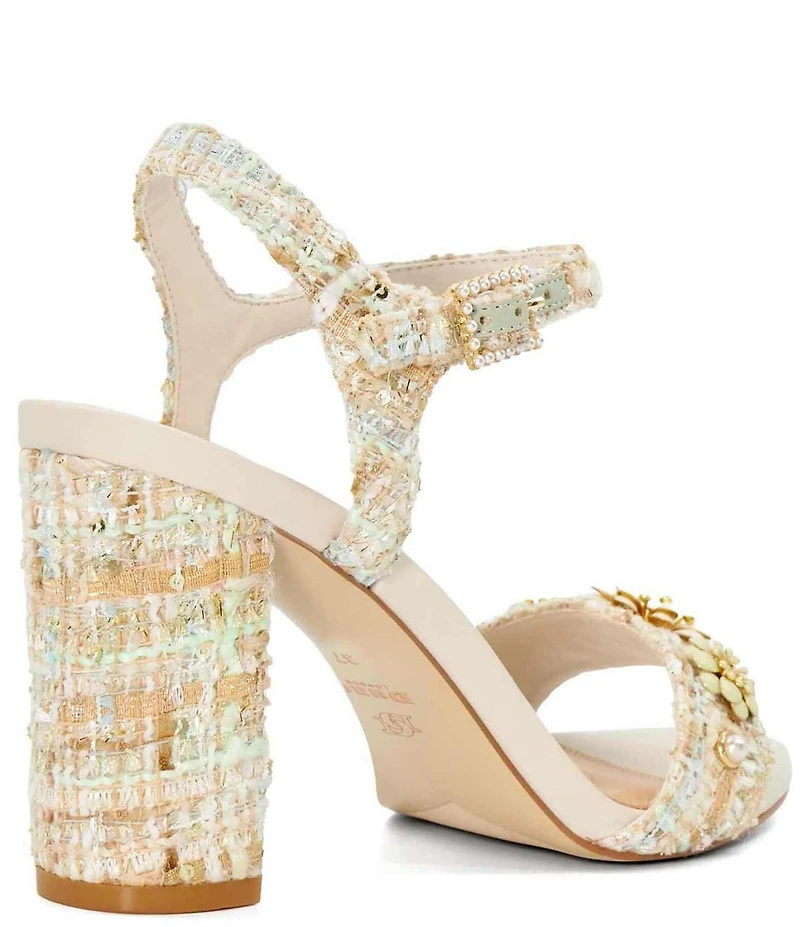 Dune London Mention Floral Embellished Ankle Strap Block Heel Sandals