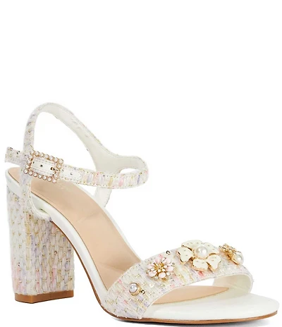 Dune London Mention Floral Embellished Fabric Ankle Strap High Heel Dress Sandals