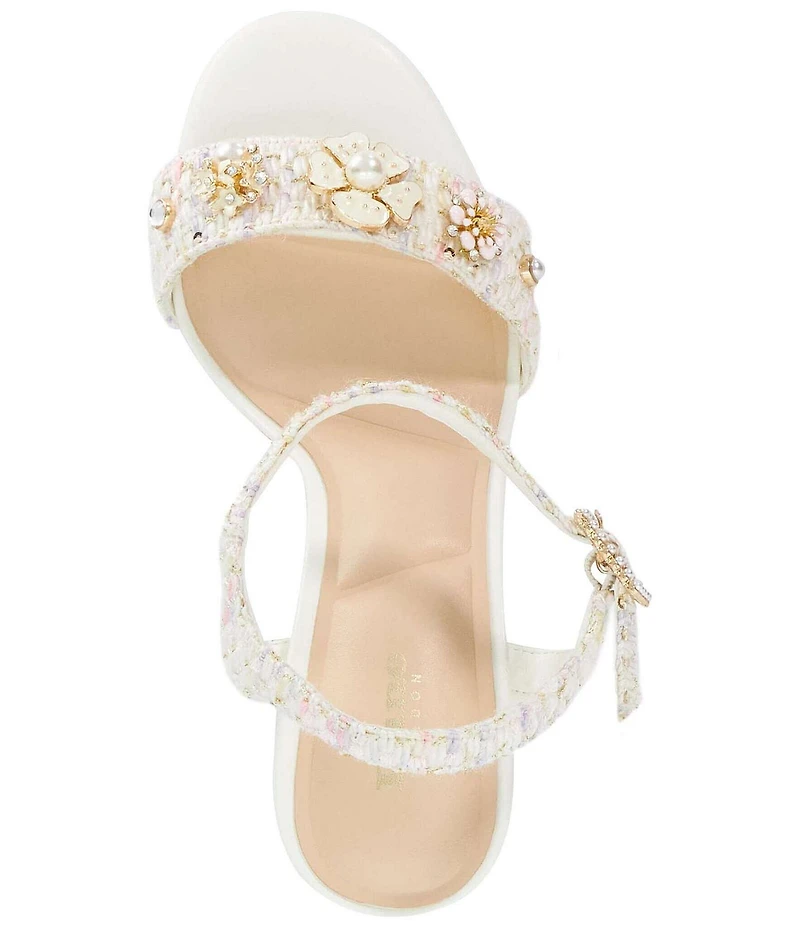 Dune London Mention Floral Embellished Fabric Ankle Strap High Heel Dress Sandals