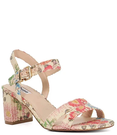 Dune London Merisa Floral Print Raffia Ankle Strap Block Heel Sandals
