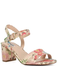 Dune London Merisa Floral Print Raffia Ankle Strap Block Heel Sandals