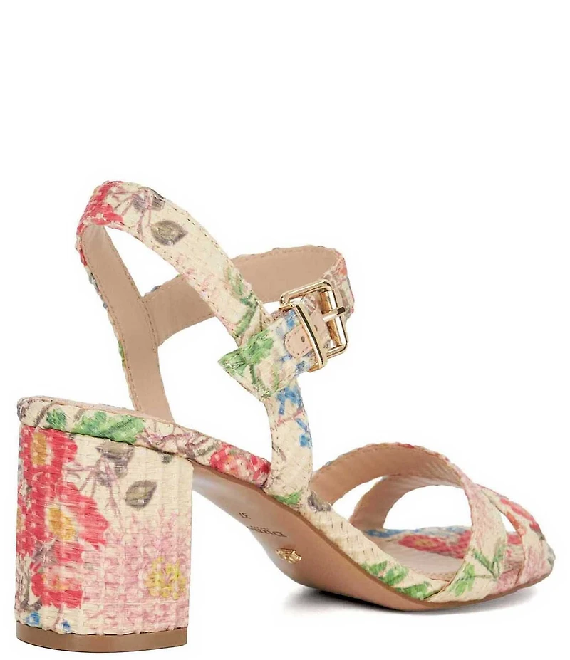 Dune London Merisa Floral Print Raffia Ankle Strap Block Heel Sandals