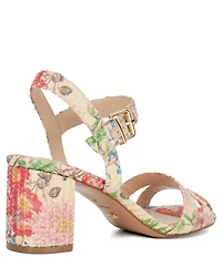 Dune London Merisa Floral Print Raffia Ankle Strap Block Heel Sandals