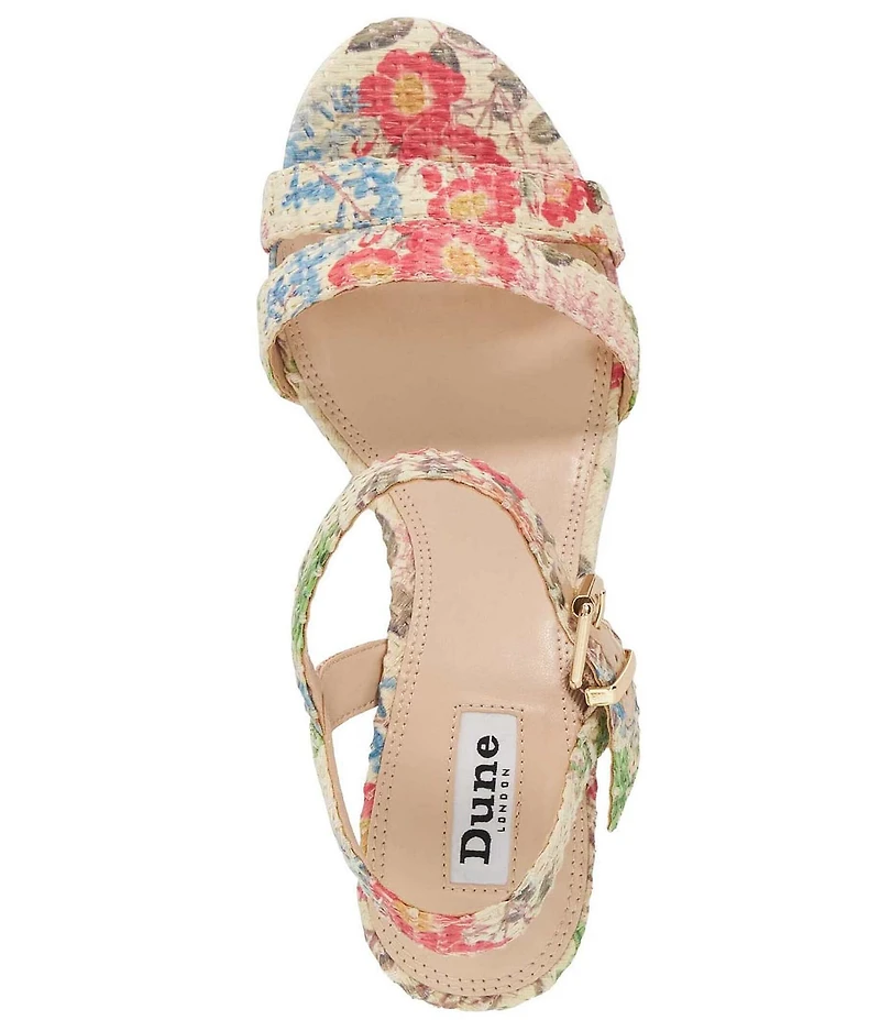 Dune London Merisa Floral Print Raffia Ankle Strap Block Heel Sandals
