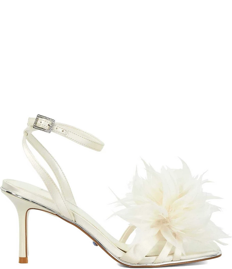 Dune London Mylove Satin Feather Pom-Pom Dress Sandals