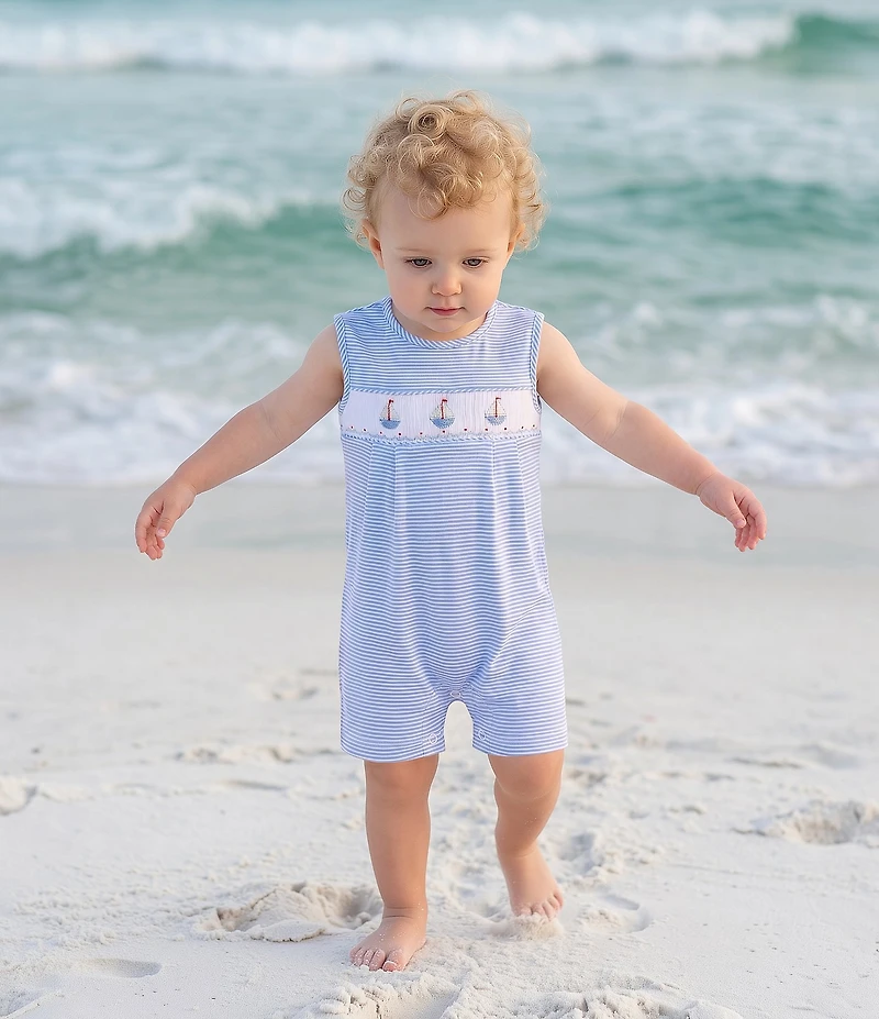 Edgehill Collection Baby Boys Sleeveless Smocked Sailboat Embroidery Pleated Striped Jon Jon
