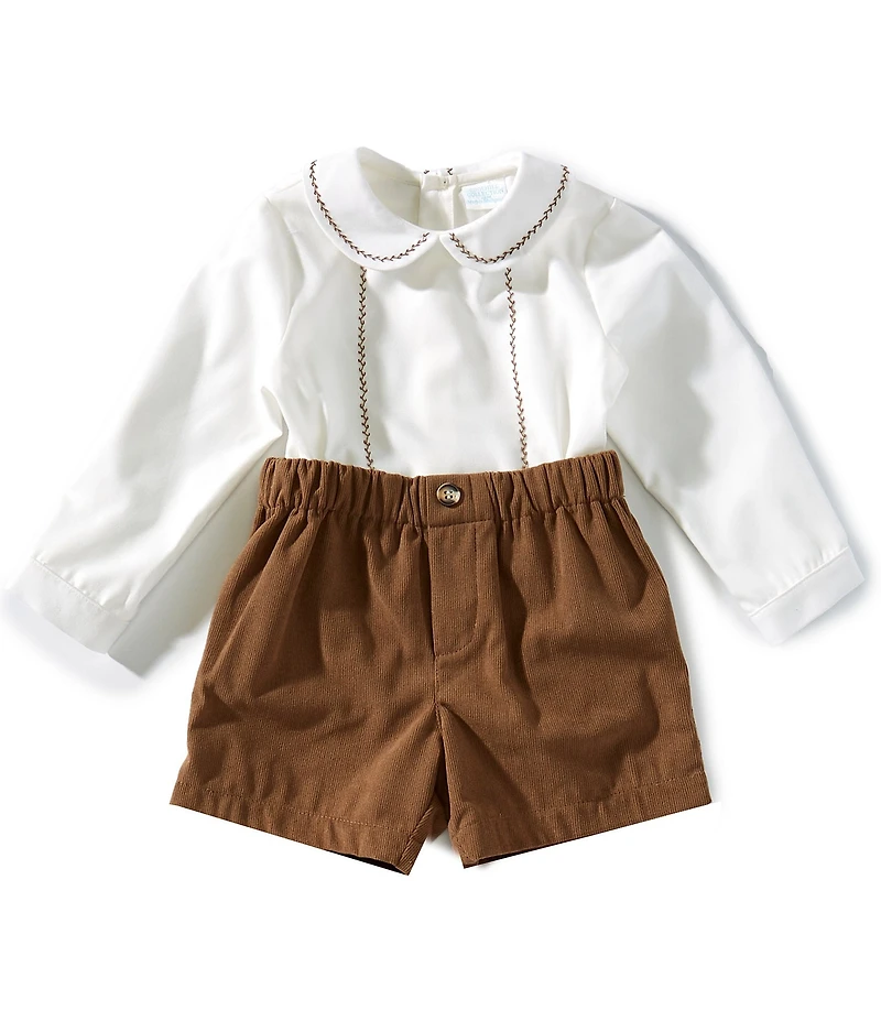 Edgehill Collection Baby Boys Long Sleeve Peter Pan Collar Shirt and Shorts Set