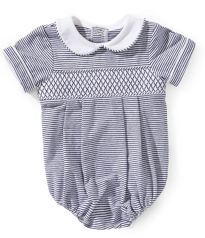 Edgehill Collection Baby Boys Striped Short Sleeve Peter Pan Collar Smocked Bubble Romper