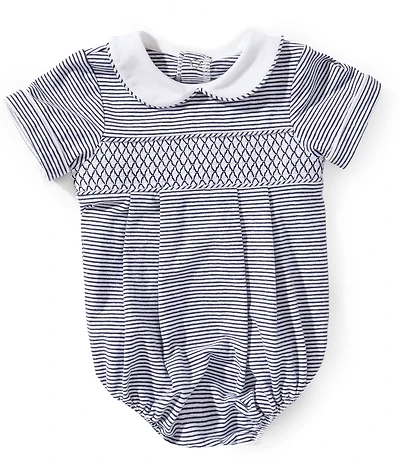 Edgehill Collection Baby Boys Striped Short Sleeve Peter Pan Collar Smocked Bubble Romper