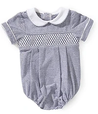 Edgehill Collection Baby Boys Striped Short Sleeve Peter Pan Collar Smocked Bubble Romper