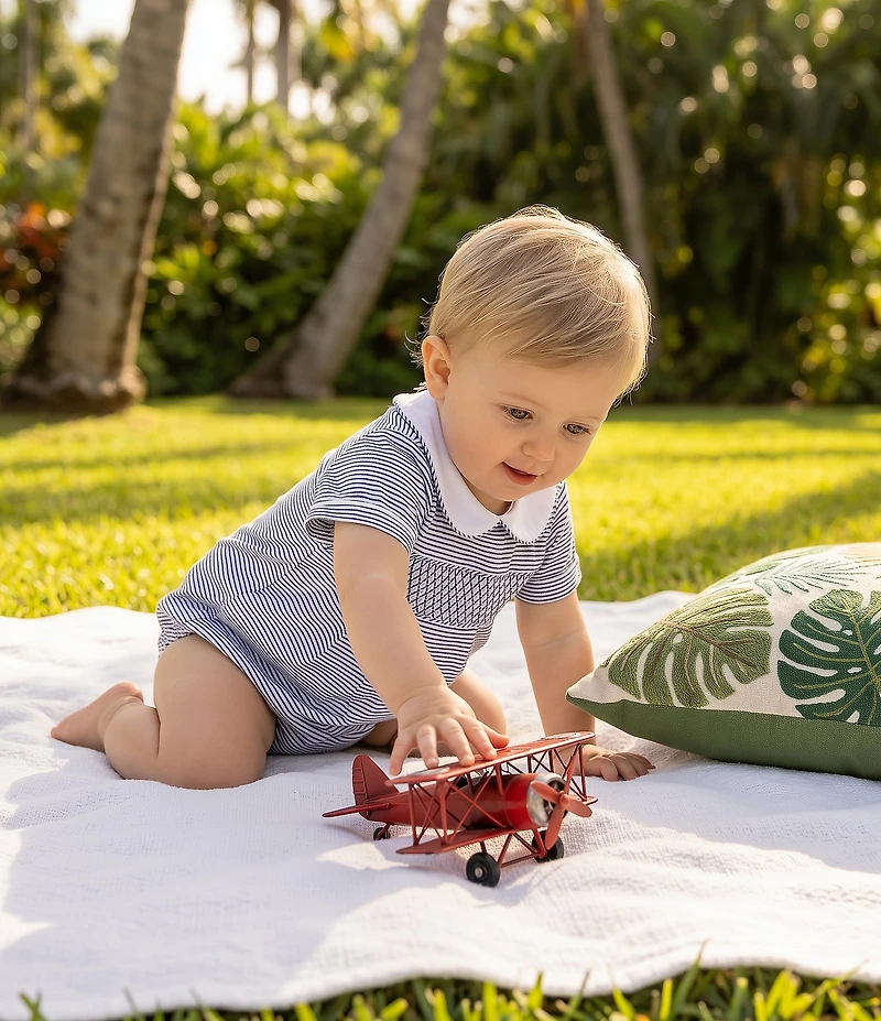 Edgehill Collection Baby Boys Striped Short Sleeve Peter Pan Collar Smocked Bubble Romper