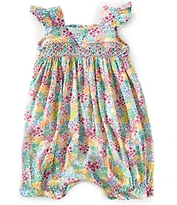 Edgehill Collection Baby Girls Floral Print Sleeveless Smocked Ruffle Romper