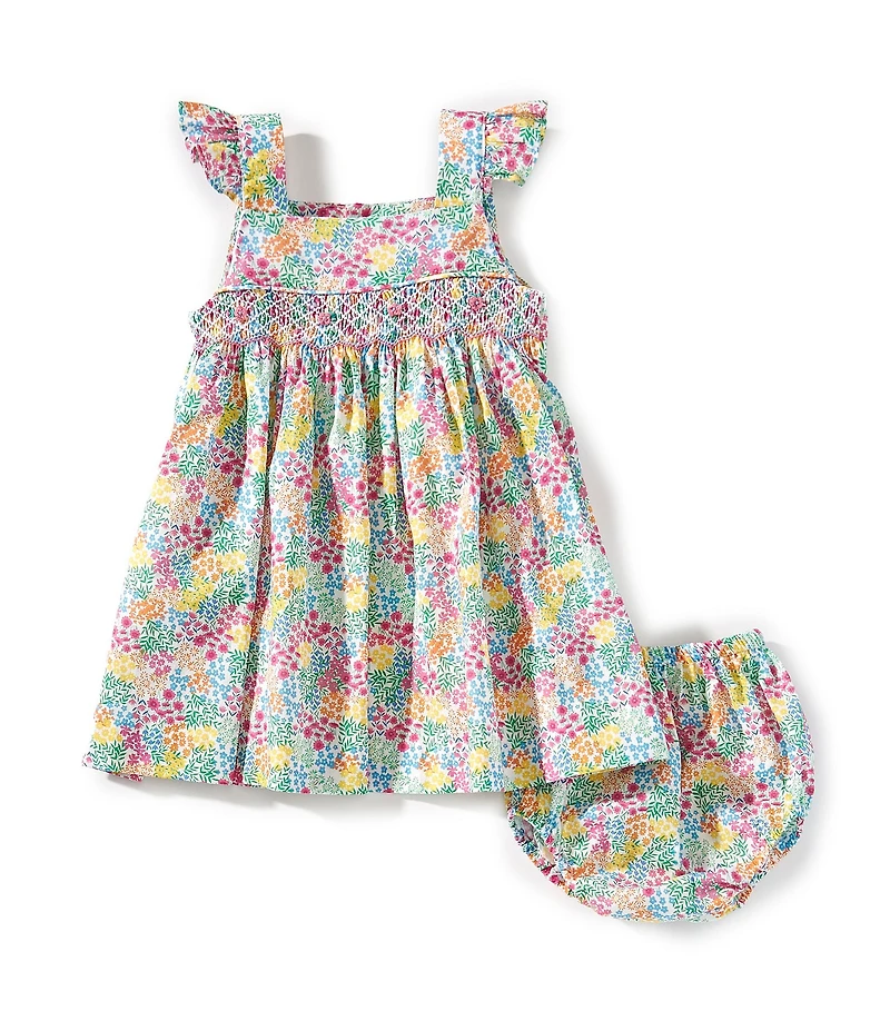 Edgehill Collection Baby Girls Smocked Floral Print Sleeveless Ruffle Dress