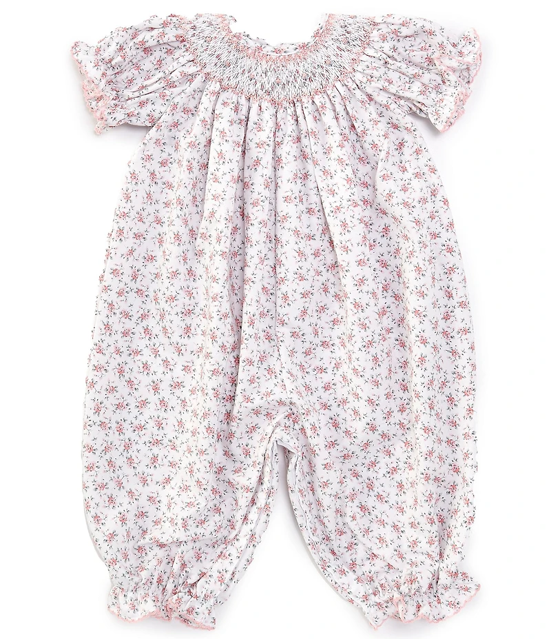 Edgehill Collection Baby Girls Smocked Neckline Floral Print Short Sleeve Romper