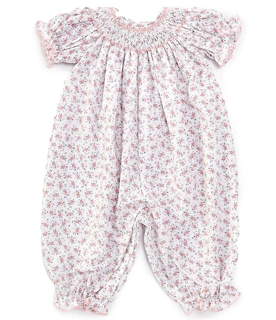 Edgehill Collection Baby Girls Smocked Neckline Floral Print Short Sleeve Romper