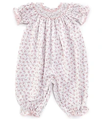 Edgehill Collection Baby Girls Smocked Neckline Floral Print Short Sleeve Romper