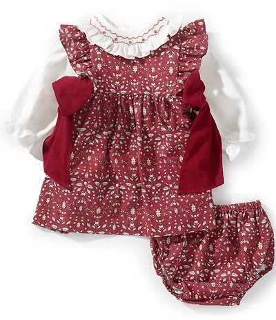 Edgehill Collection Baby Girls Burgundy Floral Long Sleeve Bow Dress