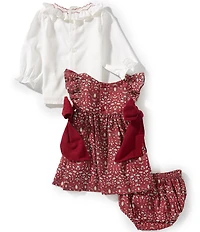 Edgehill Collection Baby Girls Burgundy Floral Long Sleeve Bow Dress