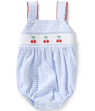 Edgehill Collection Baby Girls Sleeveless Smocked Cherry Embroidery Stripe Bubble Romper