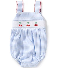 Edgehill Collection Baby Girls Sleeveless Smocked Cherry Embroidery Stripe Bubble Romper