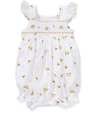 Edgehill Collection Baby Girls Flutter Sleeve Embroidered Smocking Disty Floral Bubble Romper