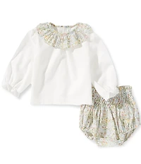 Edgehill Collection Baby Girls Floral Print Long Sleeve Ruffle Neck Top & Floral Smocked Diaper Set