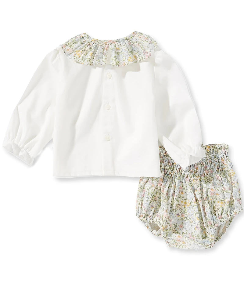 Edgehill Collection Baby Girls Floral Print Long Sleeve Ruffle Neck Top & Floral Smocked Diaper Set