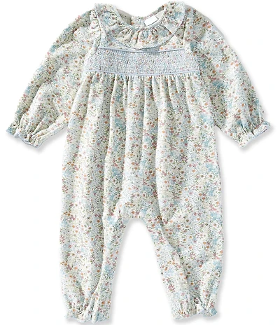 Edgehill Collection Baby Girls Floral Print Ruffle Collar Long Sleeve Smocked Coverall