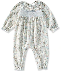Edgehill Collection Baby Girls Floral Print Ruffle Collar Long Sleeve Smocked Coverall