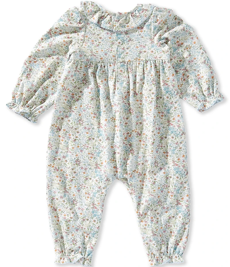 Edgehill Collection Baby Girls Floral Print Ruffle Collar Long Sleeve Smocked Coverall