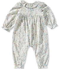 Edgehill Collection Baby Girls Floral Print Ruffle Collar Long Sleeve Smocked Coverall