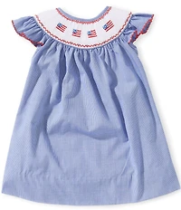 Edgehill Collection Baby Girls Flutter Sleeve Smocked Needlepoint Americana Flag Gingham Dress