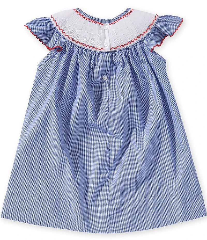 Edgehill Collection Baby Girls Flutter Sleeve Smocked Needlepoint Americana Flag Gingham Dress