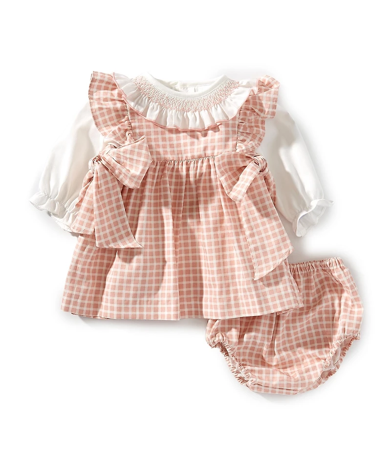Edgehill Collection Baby Girls Long Sleeve Check Side-Bow Dress