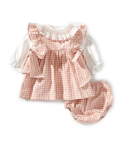 Edgehill Collection Baby Girls Long Sleeve Check Side-Bow Dress