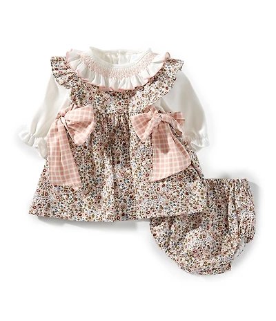 Edgehill Collection Baby Girls Long Sleeve Floral Side-Bow Dress